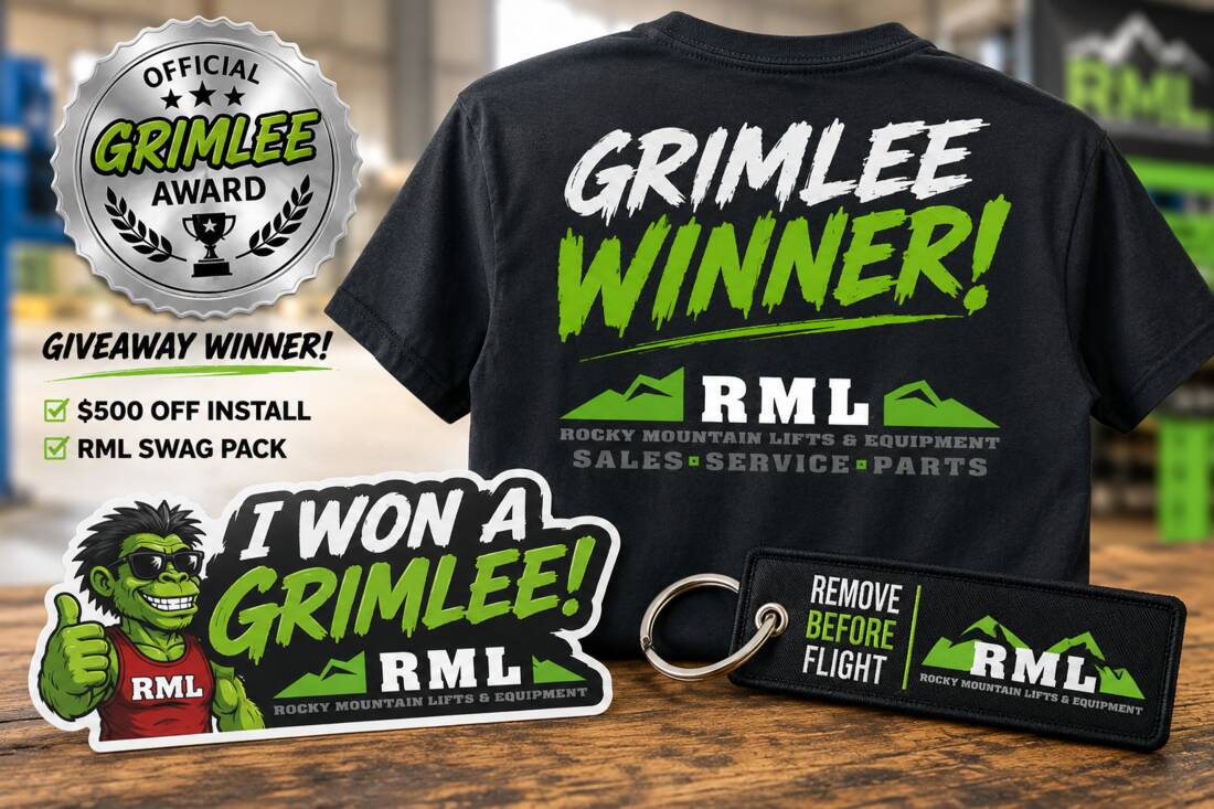 Official Grimlee winner swag pack with RML shirt, sticker and key tag