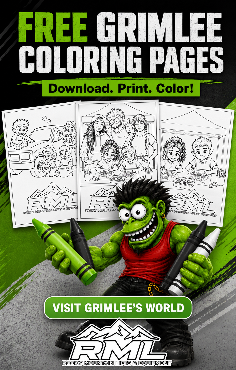 Free Grimlee coloring pages from Rocky Mountain Lifts